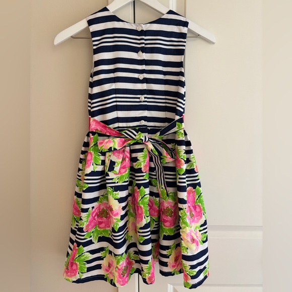 Jona Michelle Navy Striped Floral Sleeveless Lined Party Dress, Girls Size 7 - Picture 9 of 12
